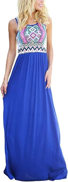 Sherosa Women Boho Chevron Striped Floral Printed Summer Sleeveless Tank Long Maxi Party Dress