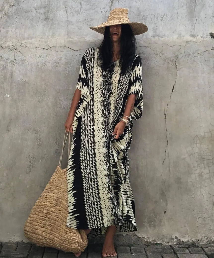 Stylish Women's Printed Beach Kaftan Dress, Short Sleeve, Plus Size Bathing Suit Cover Ups