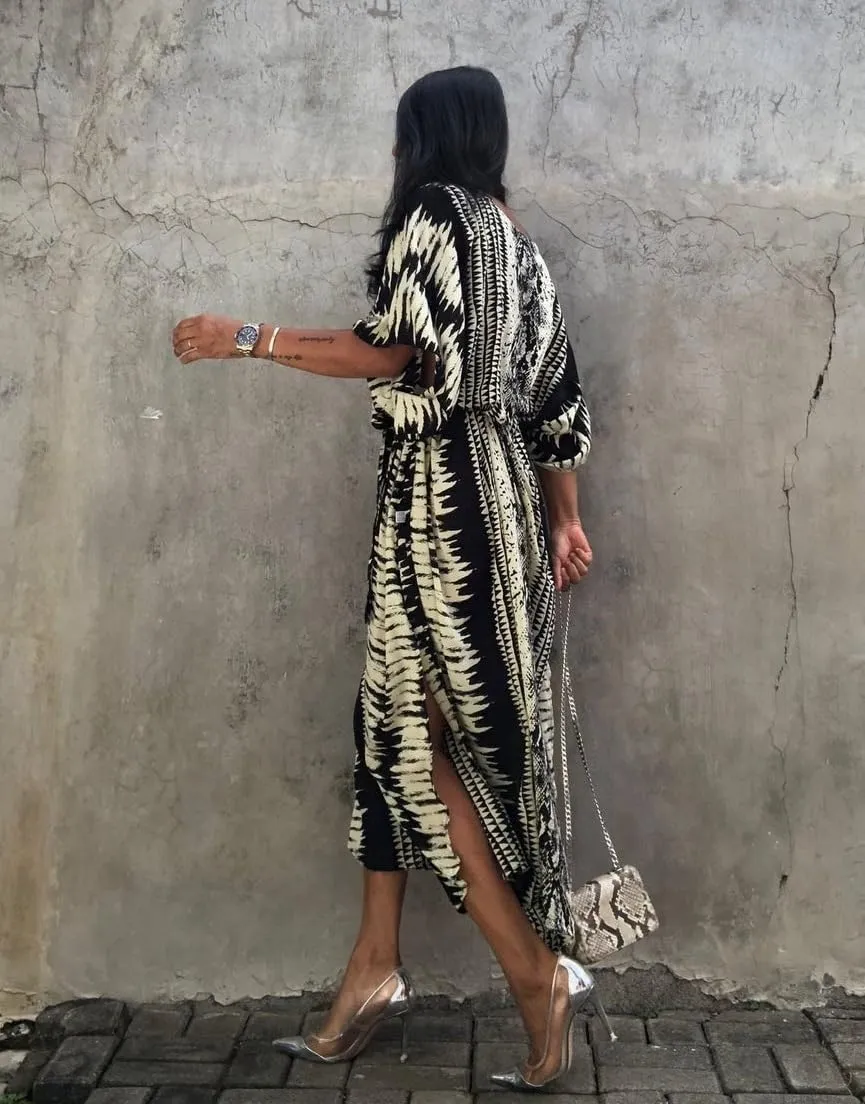 Stylish Women's Printed Beach Kaftan Dress, Short Sleeve, Plus Size Bathing Suit Cover Ups