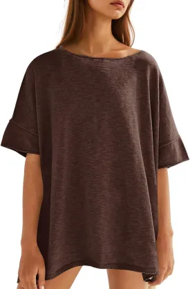 Tankaneo Women's Oversized T Shirts Casual Summer Crew Neck Loose Dropped Short Sleeve Side Slit Hem Blouse Tunic Tops