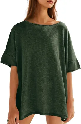 Tankaneo Women's Oversized T Shirts Casual Summer Crew Neck Loose Dropped Short Sleeve Side Slit Hem Blouse Tunic Tops