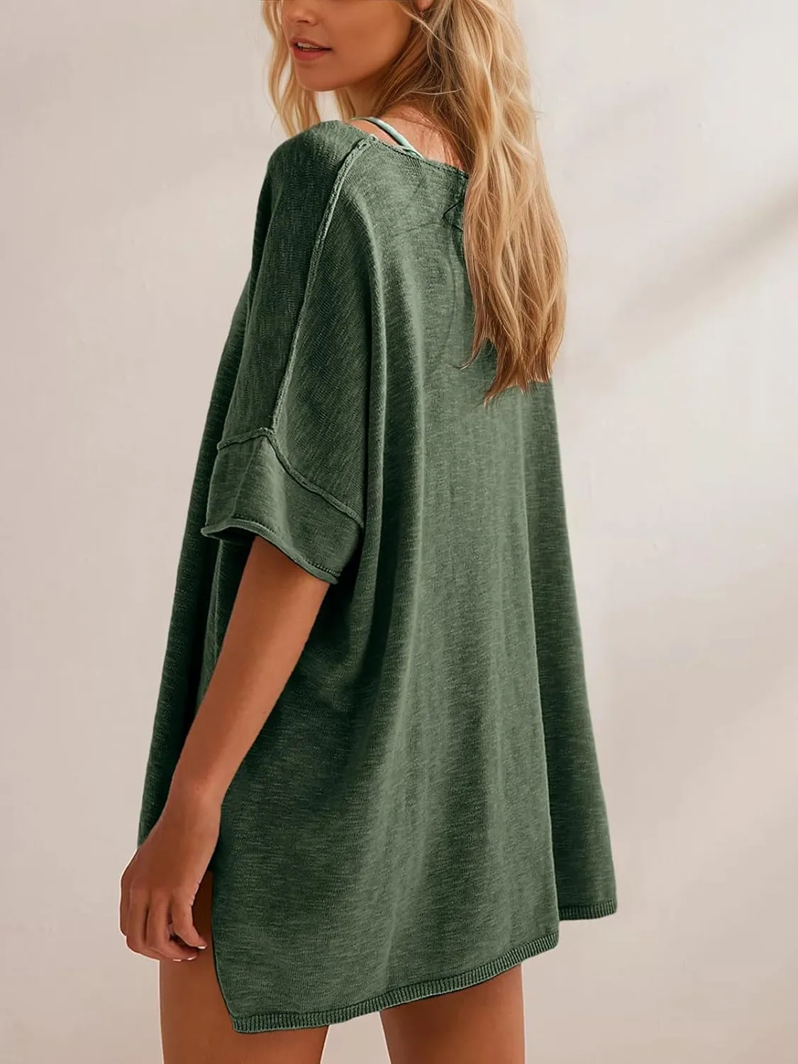 Tankaneo Women's Oversized T Shirts Casual Summer Crew Neck Loose Dropped Short Sleeve Side Slit Hem Blouse Tunic Tops