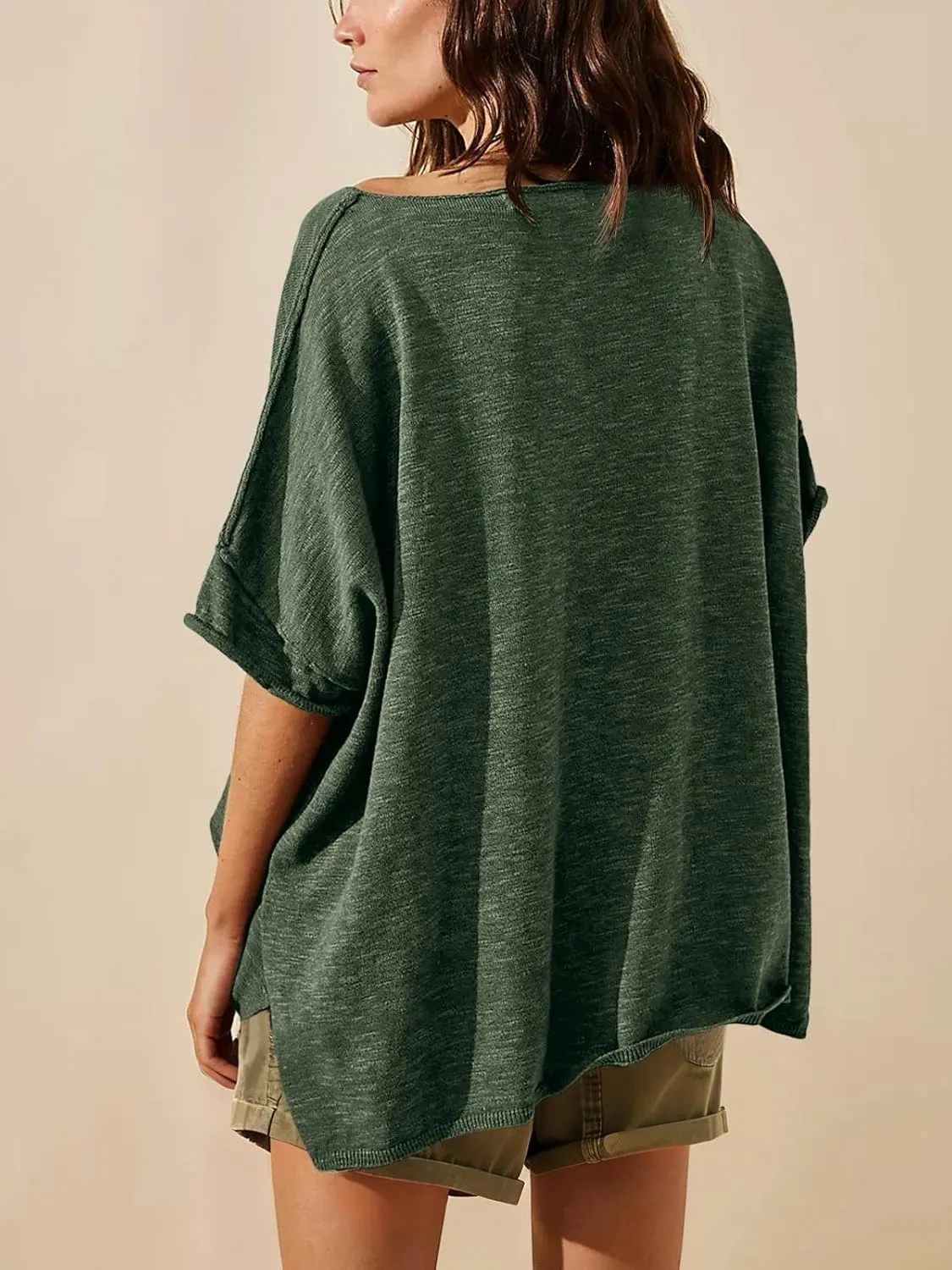 Tankaneo Women's Oversized T Shirts Casual Summer Crew Neck Loose Dropped Short Sleeve Side Slit Hem Blouse Tunic Tops