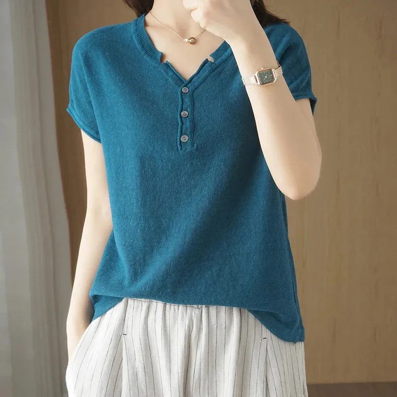 TuangBiang Summer Cotton Retro Pullover 2023 Vintage Button V-Neck Short Sleeves Knit T-Shirts Women Autumn Thin Blue Cuffs Tops