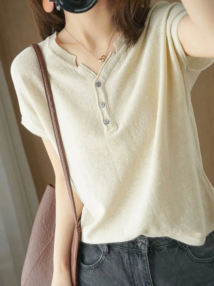 TuangBiang Summer Cotton Retro Pullover 2023 Vintage Button V-Neck Short Sleeves Knit T-Shirts Women Autumn Thin Blue Cuffs Tops