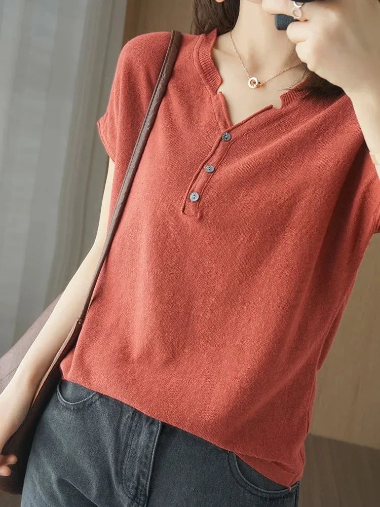 TuangBiang Summer Cotton Retro Pullover 2023 Vintage Button V-Neck Short Sleeves Knit T-Shirts Women Autumn Thin Blue Cuffs Tops