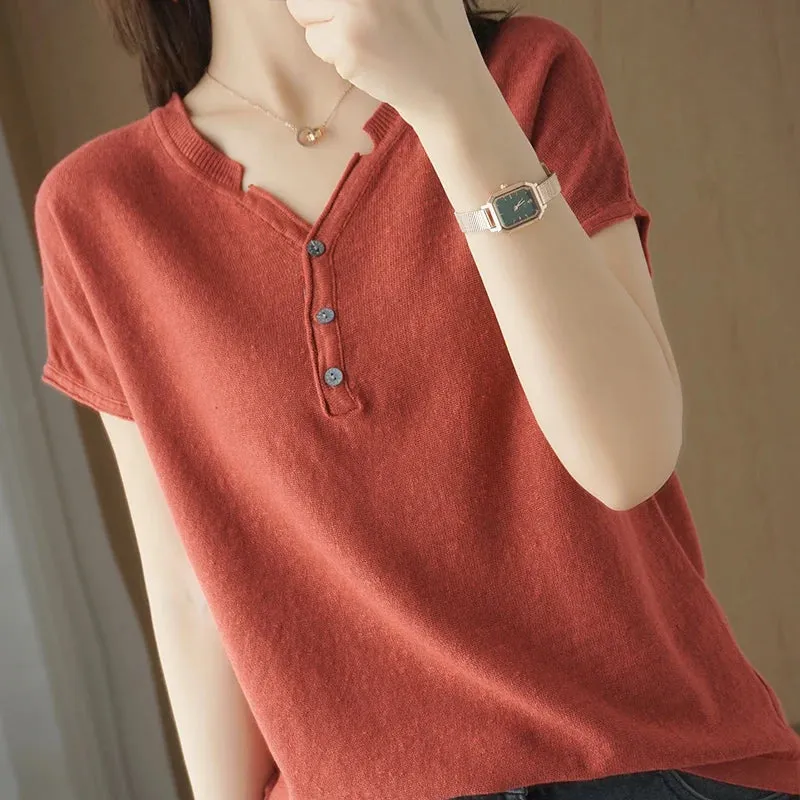 TuangBiang Summer Cotton Retro Pullover 2023 Vintage Button V-Neck Short Sleeves Knit T-Shirts Women Autumn Thin Blue Cuffs Tops