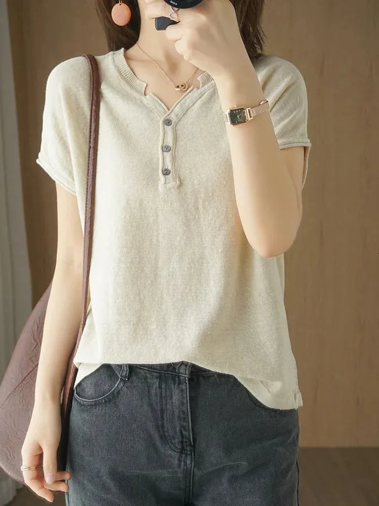 TuangBiang Summer Cotton Retro Pullover 2023 Vintage Button V-Neck Short Sleeves Knit T-Shirts Women Autumn Thin Blue Cuffs Tops