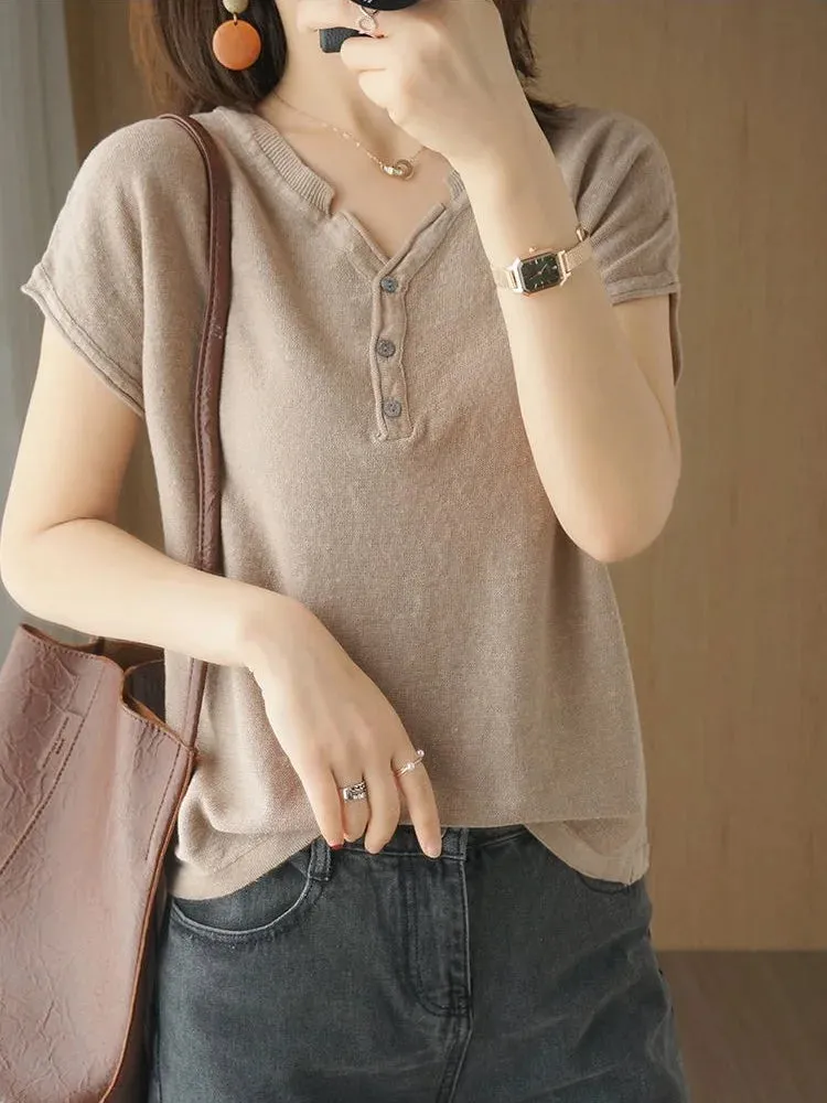 TuangBiang Summer Cotton Retro Pullover 2023 Vintage Button V-Neck Short Sleeves Knit T-Shirts Women Autumn Thin Blue Cuffs Tops