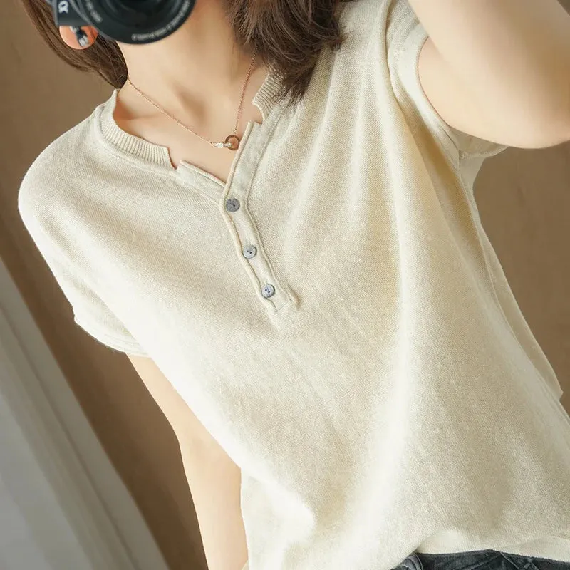 TuangBiang Summer Cotton Retro Pullover 2023 Vintage Button V-Neck Short Sleeves Knit T-Shirts Women Autumn Thin Blue Cuffs Tops