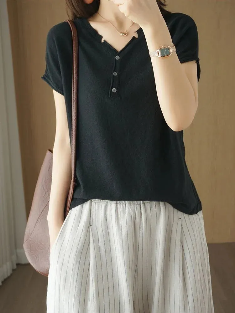 TuangBiang Summer Cotton Retro Pullover 2023 Vintage Button V-Neck Short Sleeves Knit T-Shirts Women Autumn Thin Blue Cuffs Tops