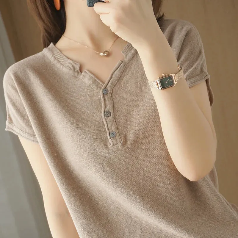 TuangBiang Summer Cotton Retro Pullover 2023 Vintage Button V-Neck Short Sleeves Knit T-Shirts Women Autumn Thin Blue Cuffs Tops