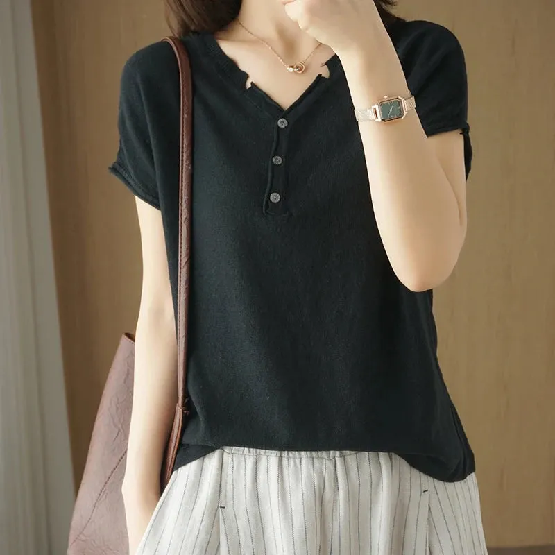 TuangBiang Summer Cotton Retro Pullover 2023 Vintage Button V-Neck Short Sleeves Knit T-Shirts Women Autumn Thin Blue Cuffs Tops