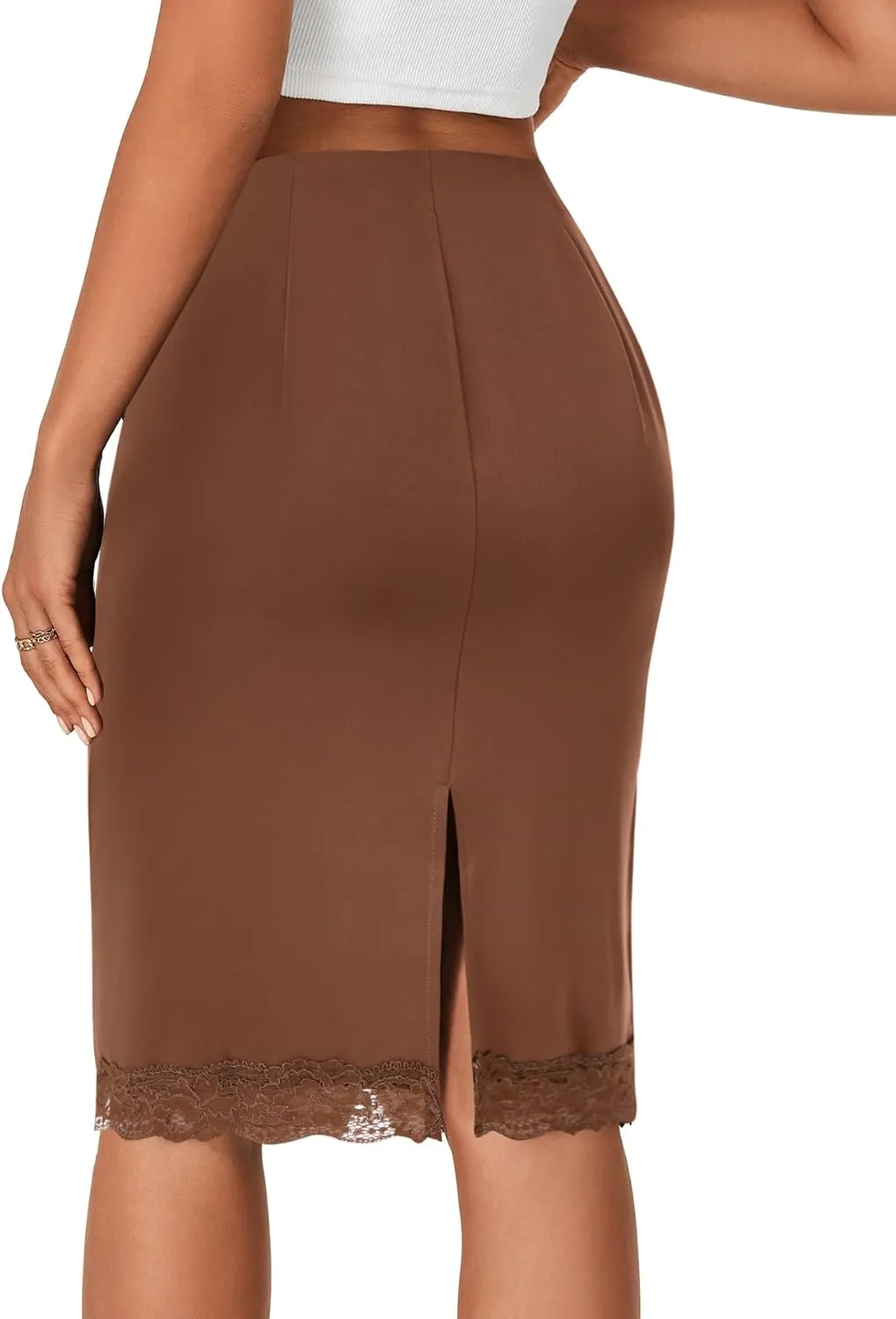 Vrtige Women's Satin Silk Lace Trim High Wasit Back Slit Zipper Mini Knee Length Skirt