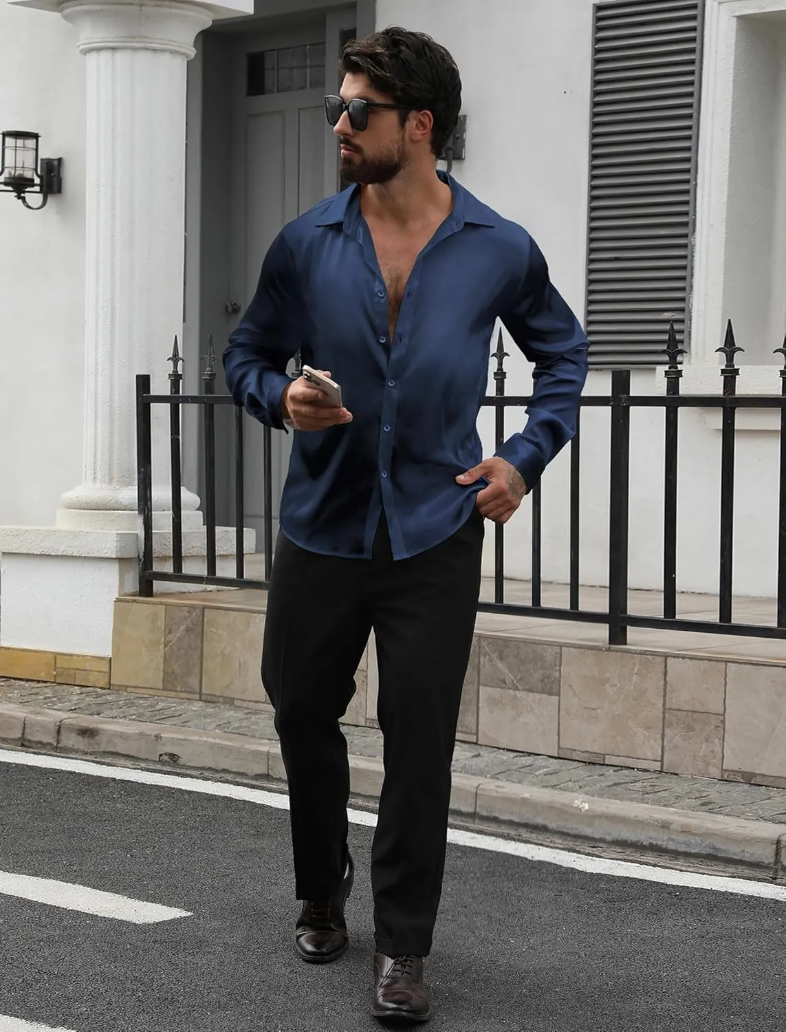 Vssjavun Mens Silk Satin Long Sleeve Button Down Shirts Shiny Dress Shirt Luxury Party Prom Wedding Shirts