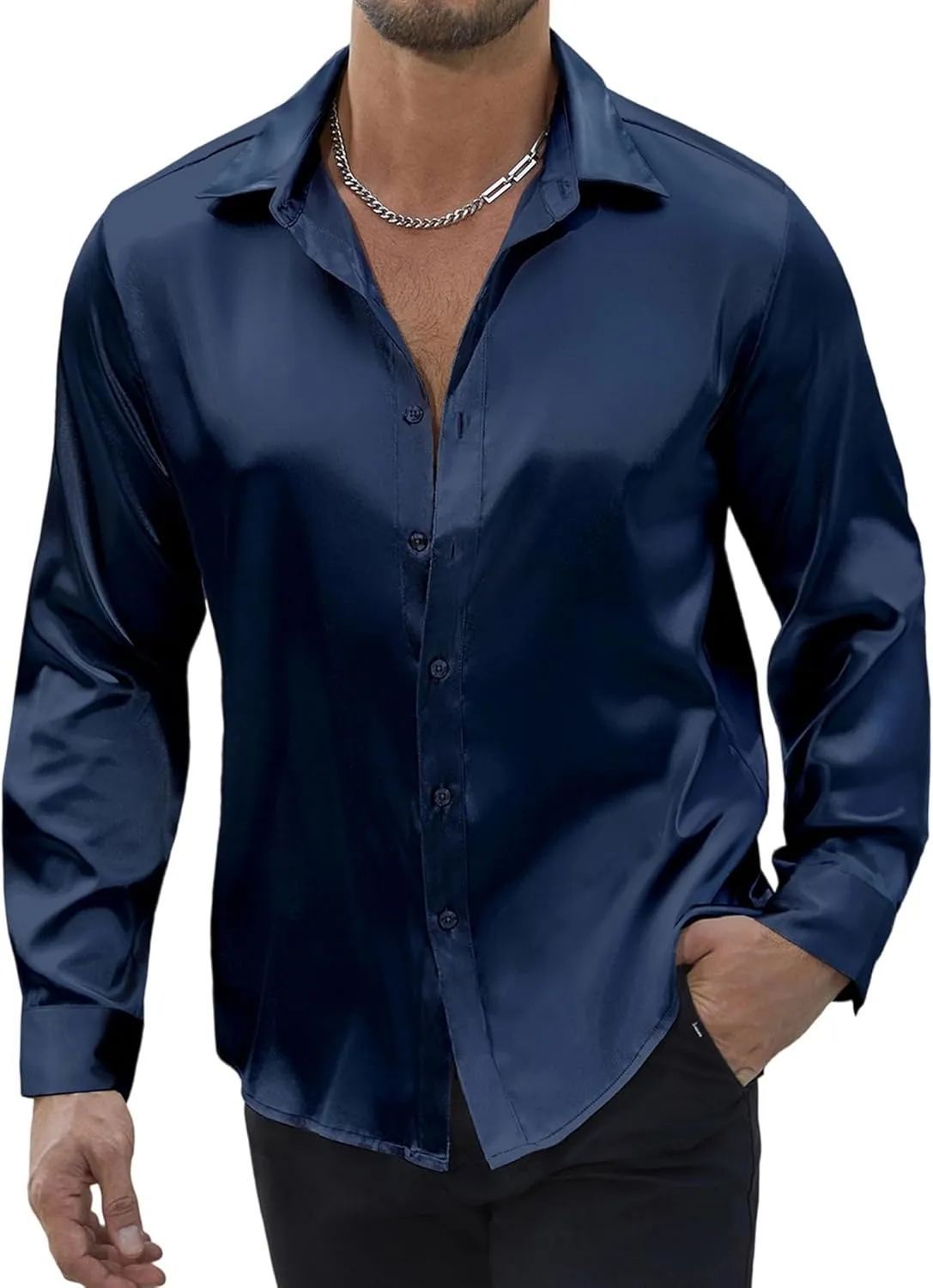 Vssjavun Mens Silk Satin Long Sleeve Button Down Shirts Shiny Dress Shirt Luxury Party Prom Wedding Shirts