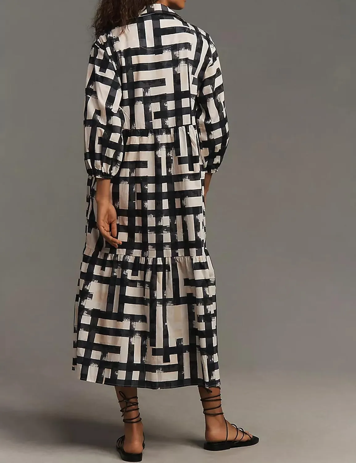 Women Casual 3/4 Puff Sleeve Polo V Neck Floral Printed Maxi Shirt Dress Button Down Tiered Loose Flowy Long Dress
