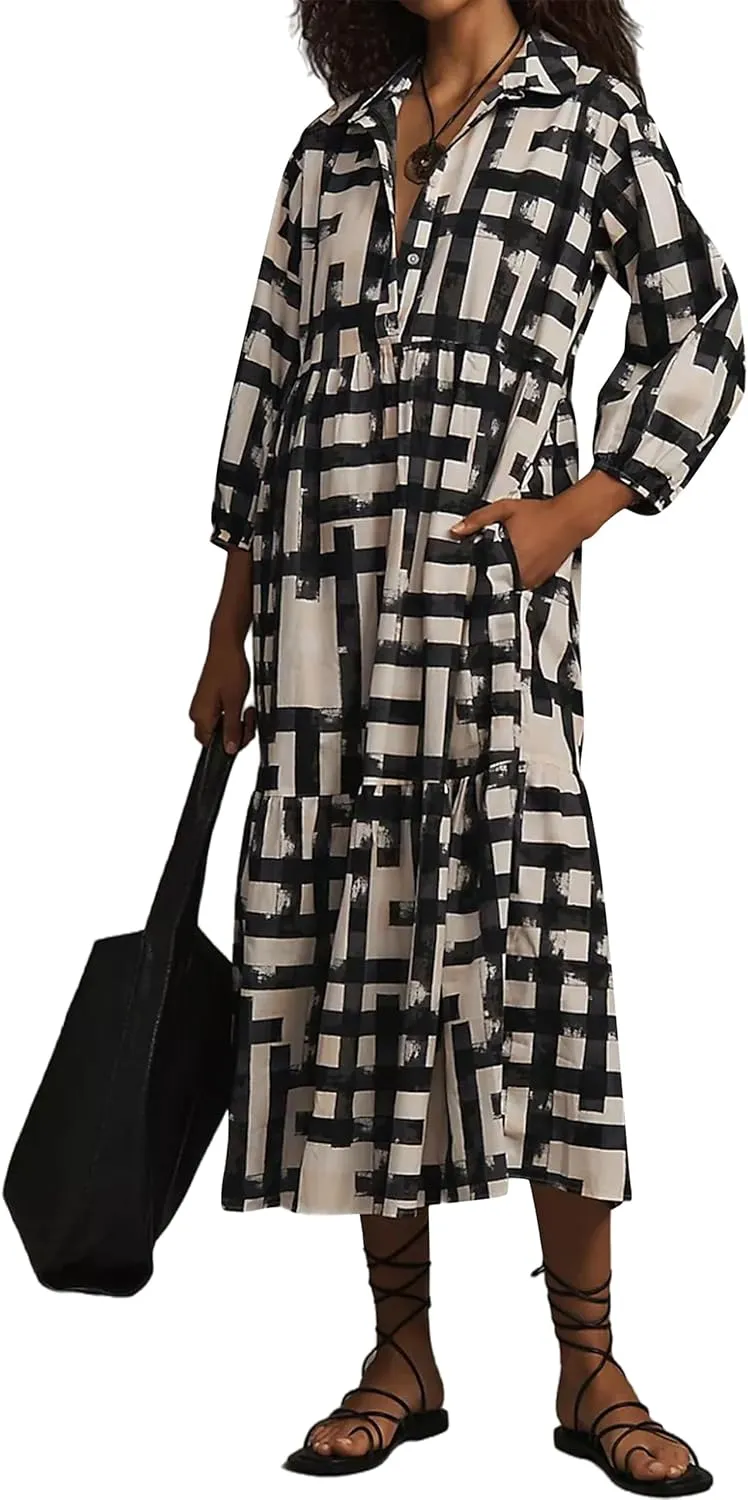 Women Casual 3/4 Puff Sleeve Polo V Neck Floral Printed Maxi Shirt Dress Button Down Tiered Loose Flowy Long Dress