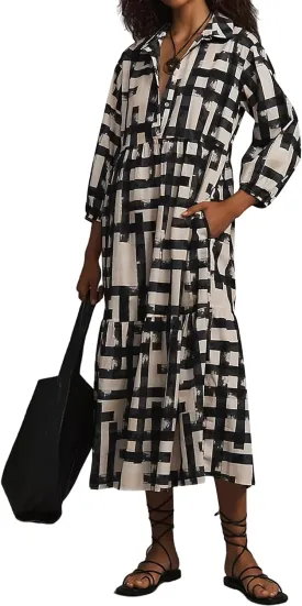 Women Casual 3/4 Puff Sleeve Polo V Neck Floral Printed Maxi Shirt Dress Button Down Tiered Loose Flowy Long Dress