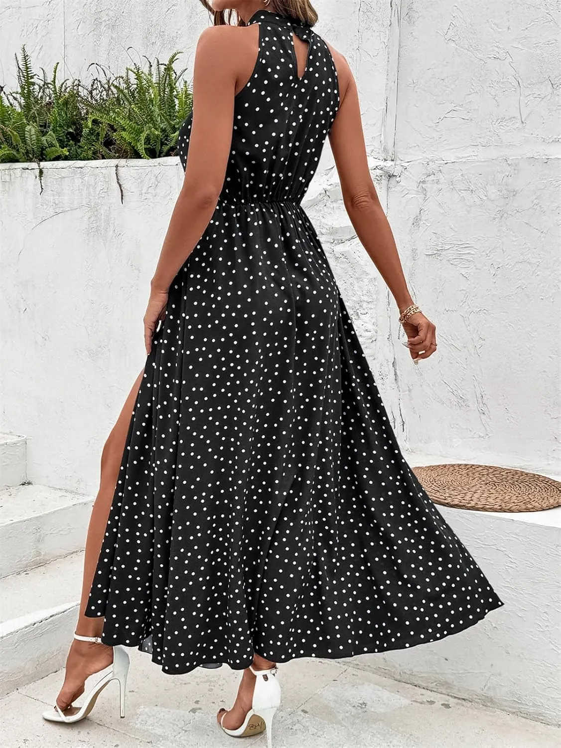 Women Casual Summer Polka Dot Sleeveless Midi Dresses Bohemian Side Slit Wedding Guest Long Dresses