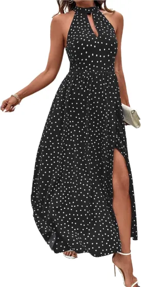 Women Casual Summer Polka Dot Sleeveless Midi Dresses Bohemian Side Slit Wedding Guest Long Dresses