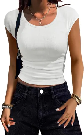 Women Shirts Crew Neck Ribbed Slim Fitted Side Ruched Basic Tops for Woman Cap Sleeve Summer Casual T Shirts