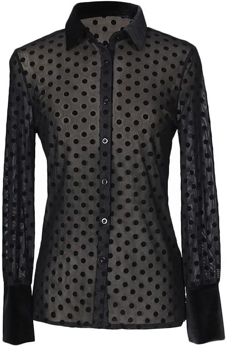 Women's Button Down Shirt Polka Dots Sheer See Through Long Sleeve Blouse