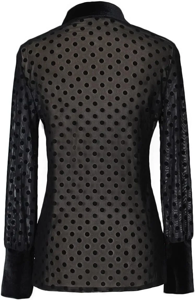 Women's Button Down Shirt Polka Dots Sheer See Through Long Sleeve Blouse