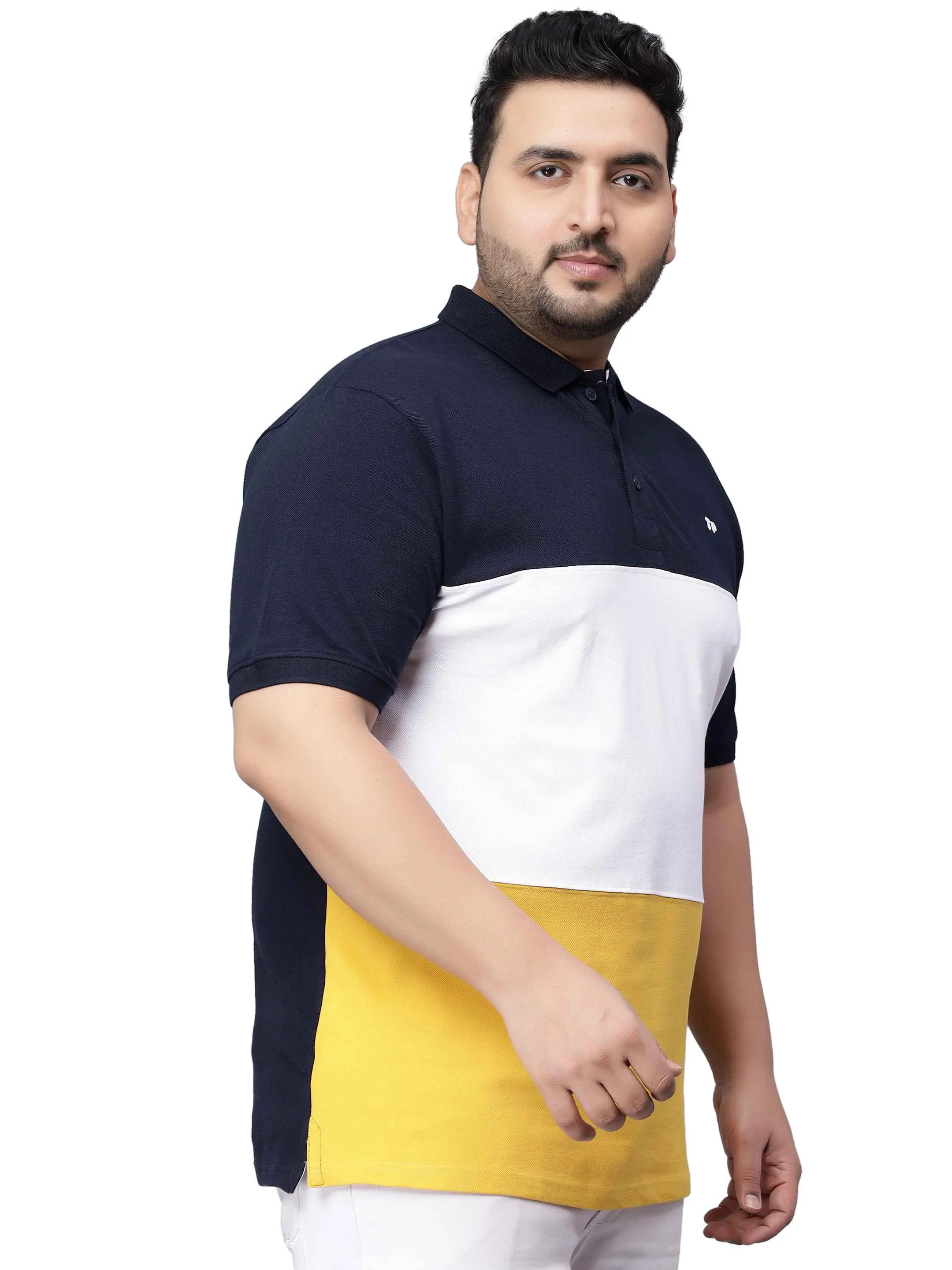 Yellow Triple Striped Plus Size Polo T-shirt-3XL