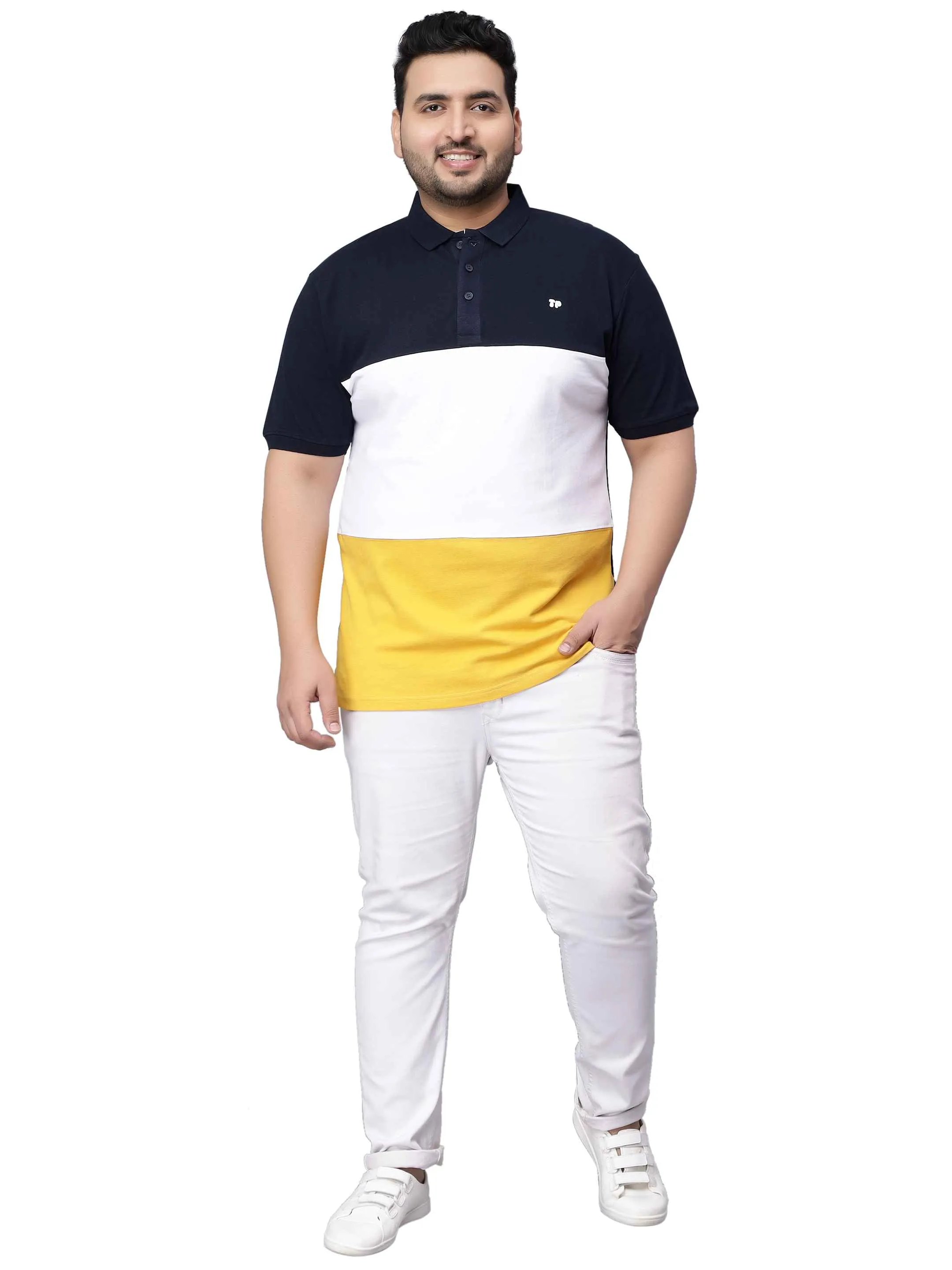 Yellow Triple Striped Plus Size Polo T-shirt-3XL