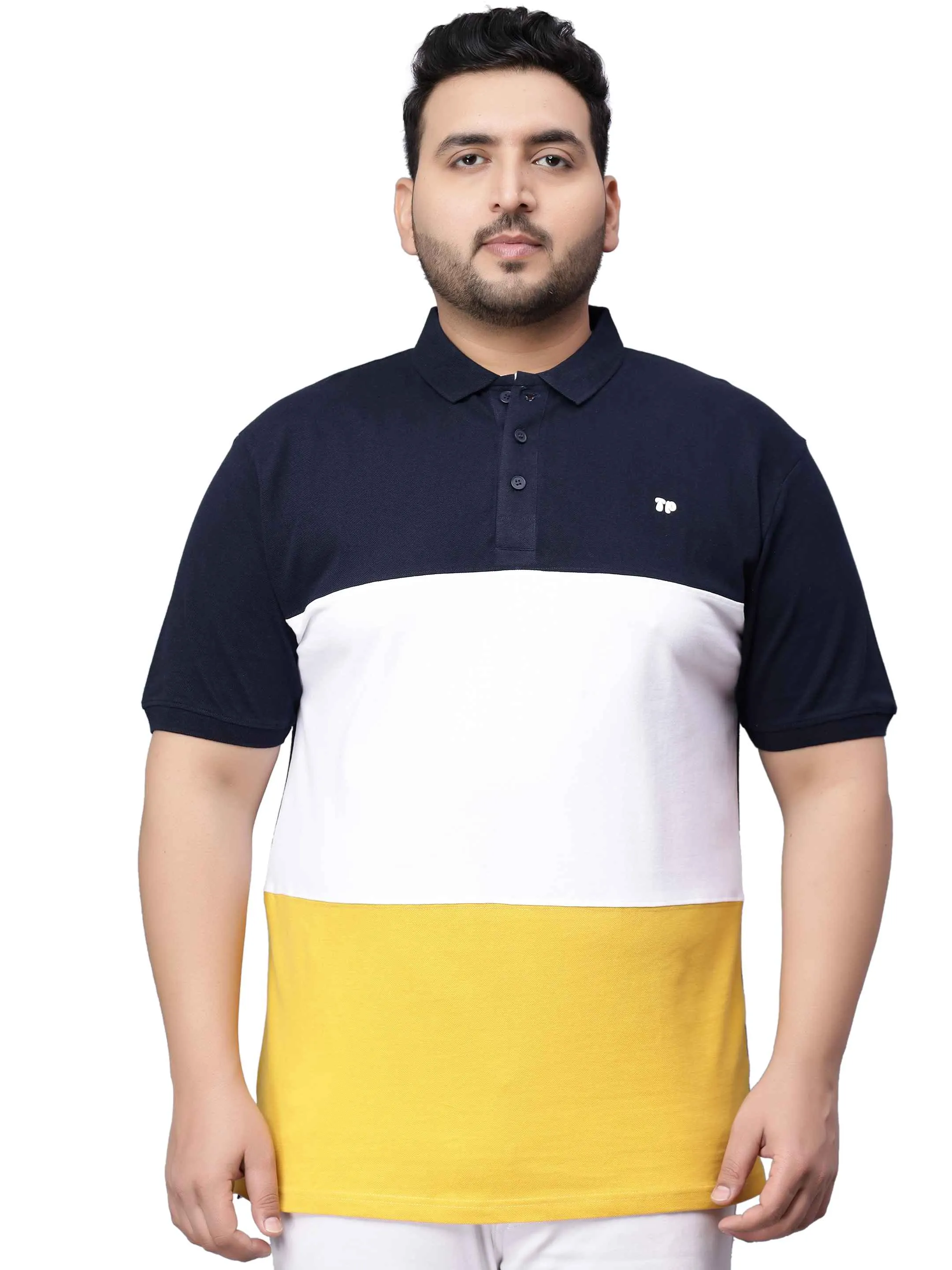 Yellow Triple Striped Plus Size Polo T-shirt-3XL