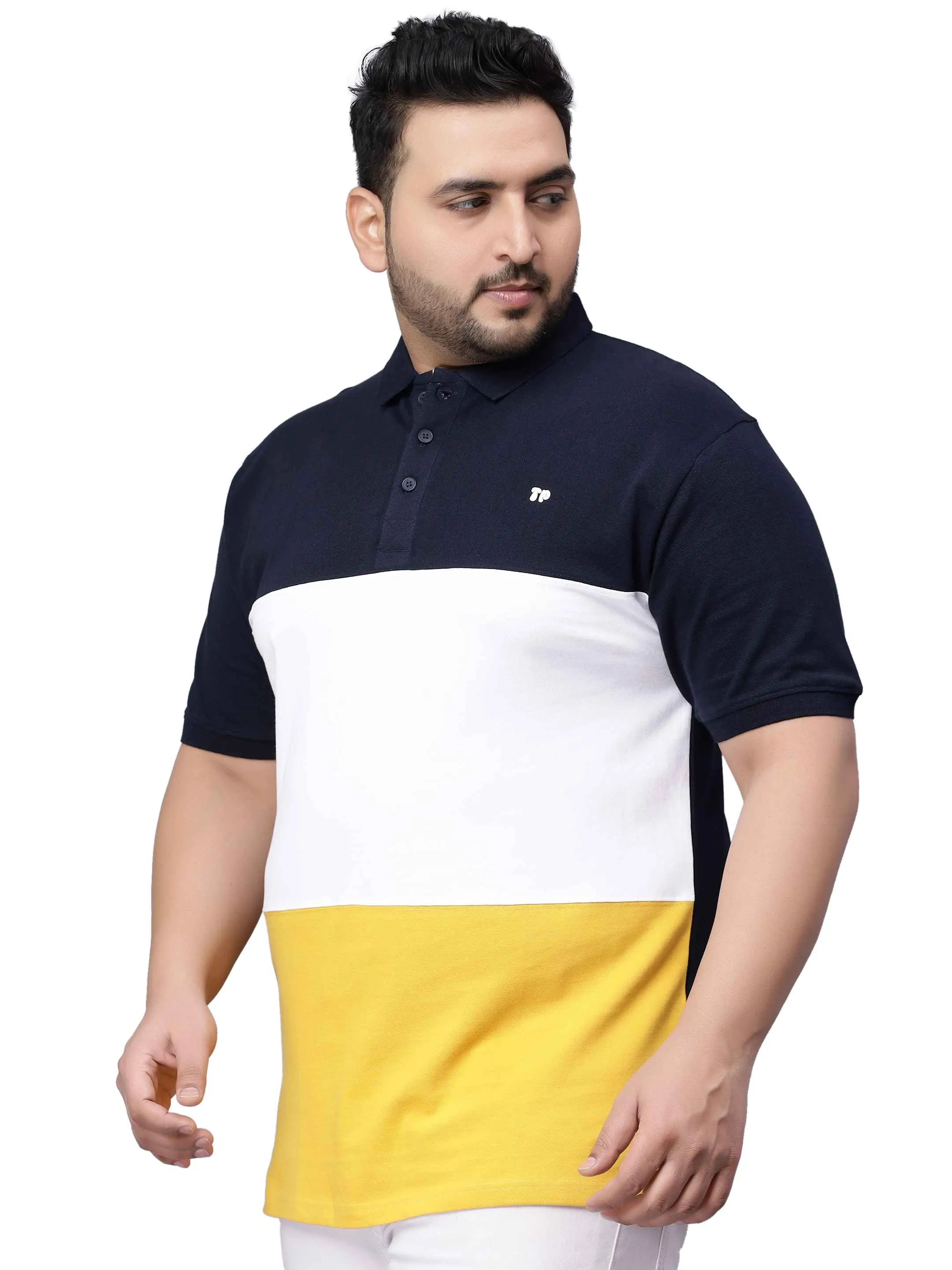 Yellow Triple Striped Plus Size Polo T-shirt-3XL