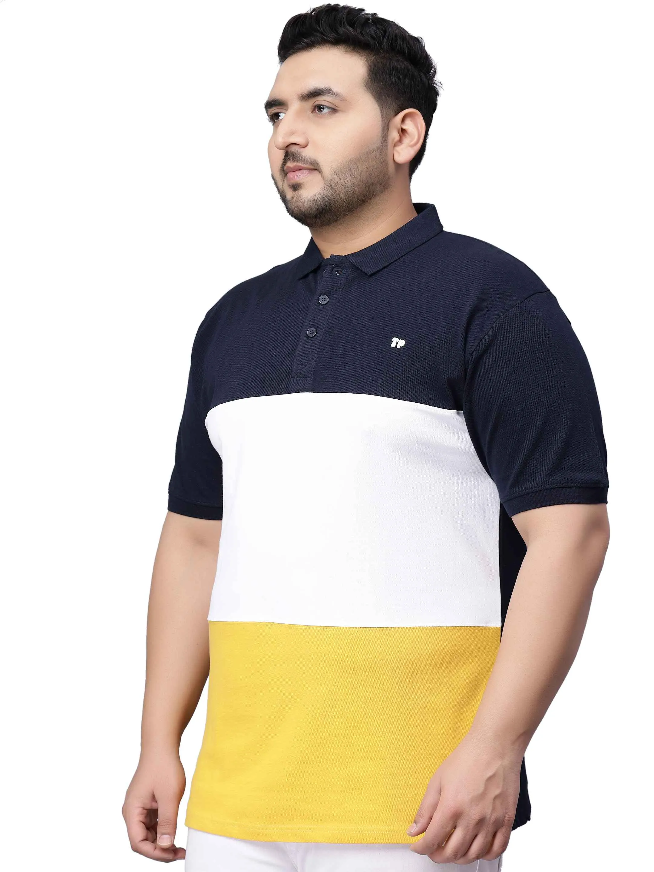 Yellow Triple Striped Plus Size Polo T-shirt-3XL