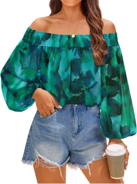 ZESICA Women's Summer Off Shoulder Tops 2025 Floral Chiffon Long Sleeve Loose Dressy Casual Shirts Blouses