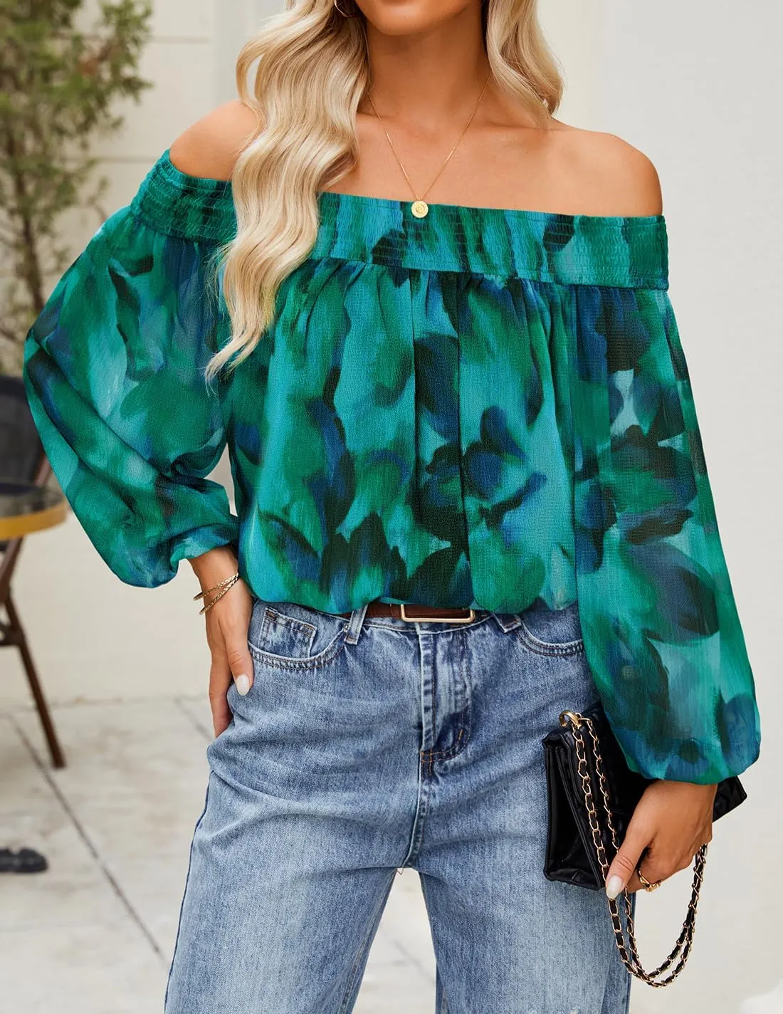 ZESICA Women's Summer Off Shoulder Tops 2025 Floral Chiffon Long Sleeve Loose Dressy Casual Shirts Blouses