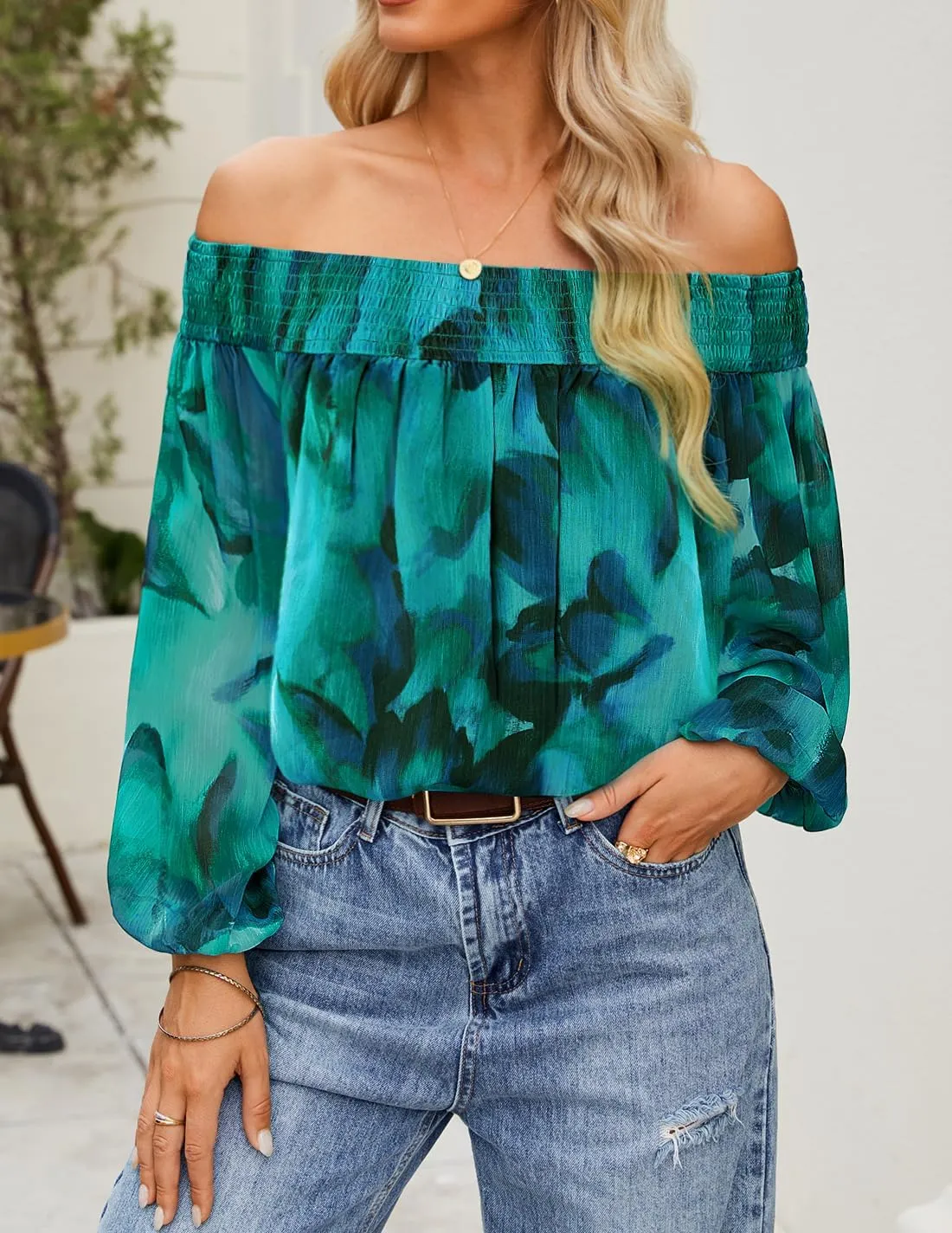 ZESICA Women's Summer Off Shoulder Tops 2025 Floral Chiffon Long Sleeve Loose Dressy Casual Shirts Blouses