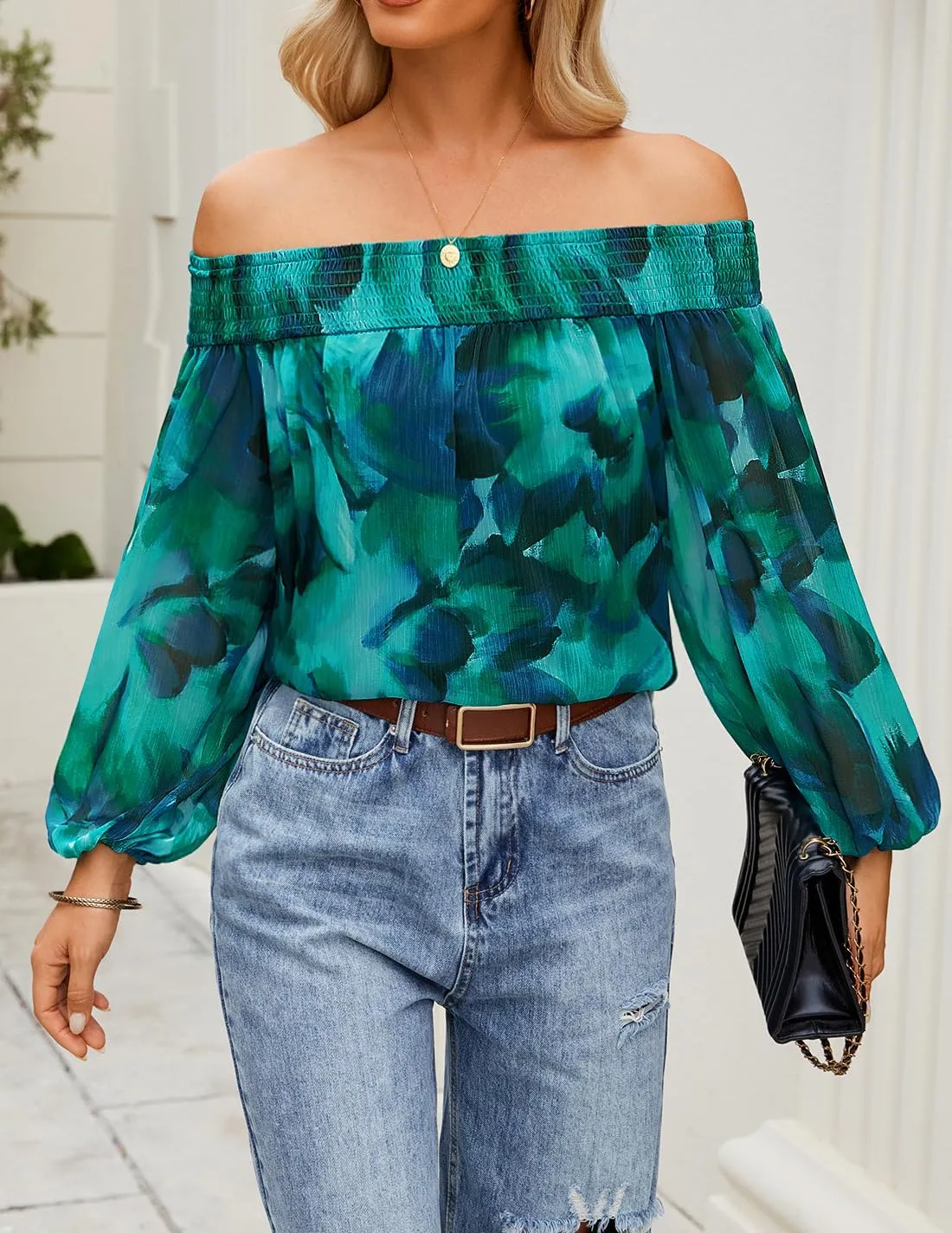 ZESICA Women's Summer Off Shoulder Tops 2025 Floral Chiffon Long Sleeve Loose Dressy Casual Shirts Blouses